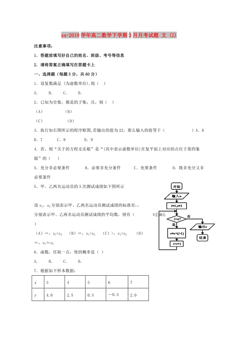 2018-2019学年高二数学下学期3月月考试题 文 (I).doc_第1页