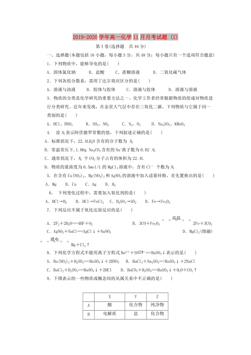 2019-2020学年高一化学11月月考试题 (I).doc_第1页