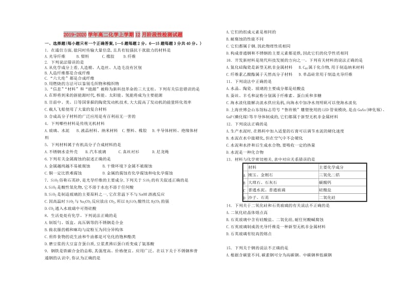 2019-2020学年高二化学上学期12月阶段性检测试题.doc_第1页