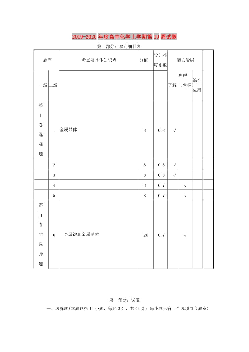 2019-2020年度高中化学上学期第19周试题.doc_第1页