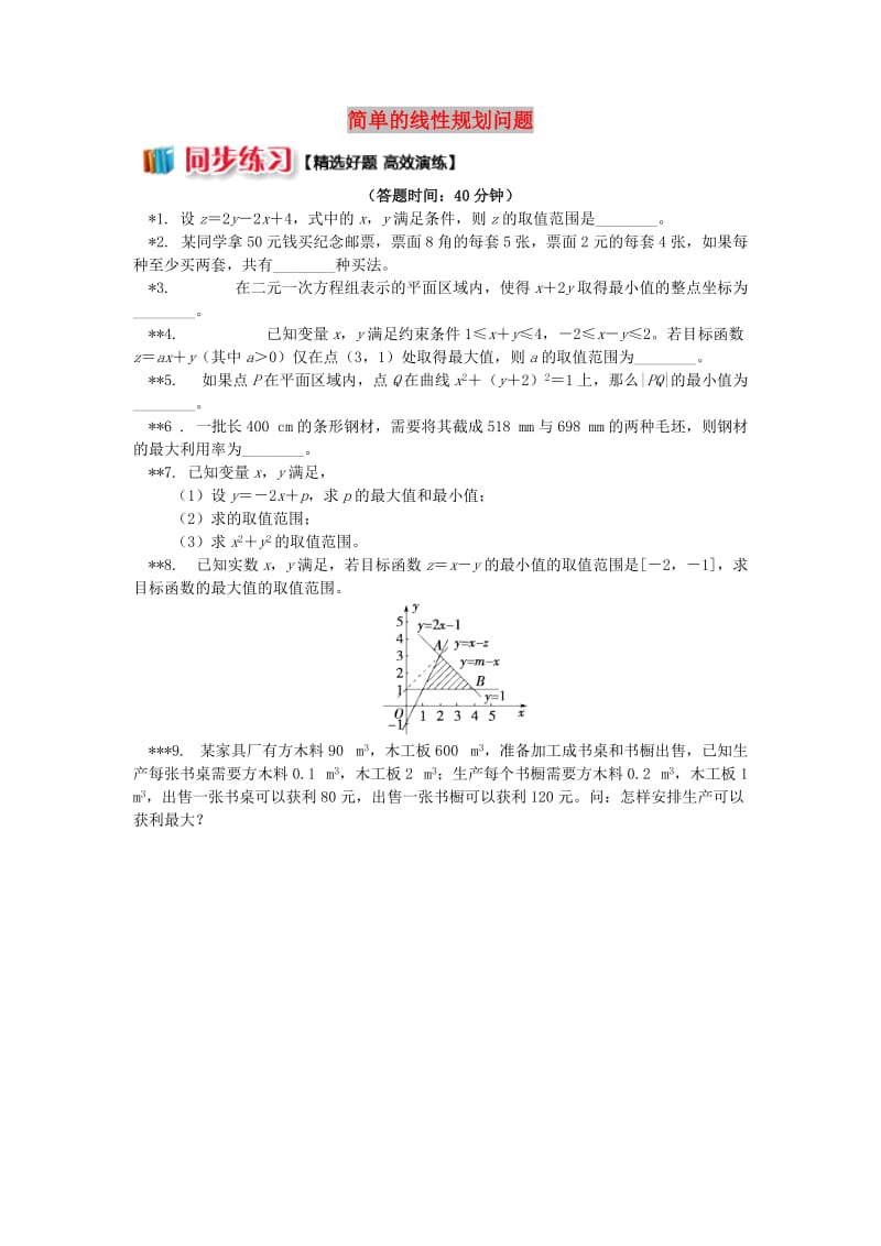 2018高中数学 第3章 不等式 第三节 二元一次不等式组与简单的线性规划问题3 简单的线性规划问题习题 苏教版必修5.doc_第1页