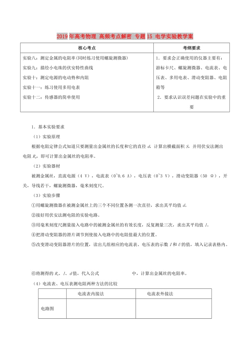 2019年高考物理 高频考点解密 专题15 电学实验教学案.doc_第1页