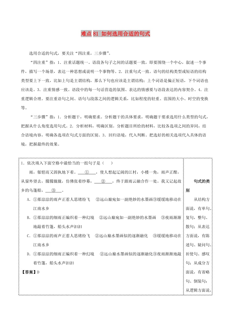 2018届高三语文难点突破100题 难点81 如何选用合适的句式（含解析）.doc_第1页