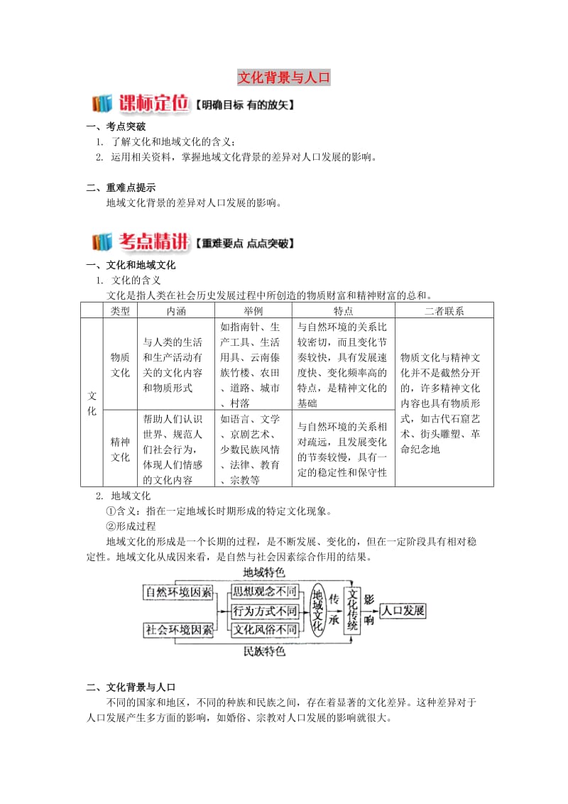 2018-2019学年高中地理 第一章 人口与环境 第四节 地域文化与人口 文化背景与人口学案 湘教版必修2.doc_第1页