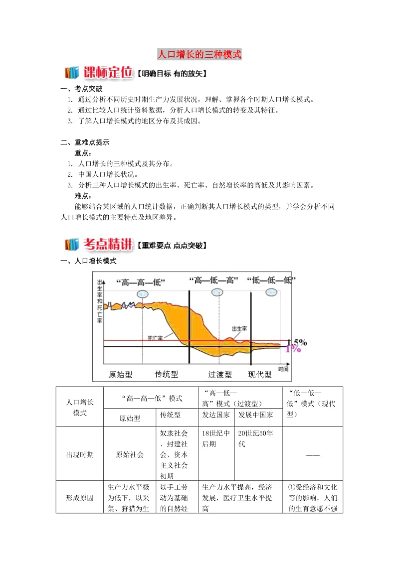 2018-2019学年高中地理 第一章 人口与环境 第一节 人口增长模式 2 人口增长的三种模式学案 湘教版必修2.doc_第1页