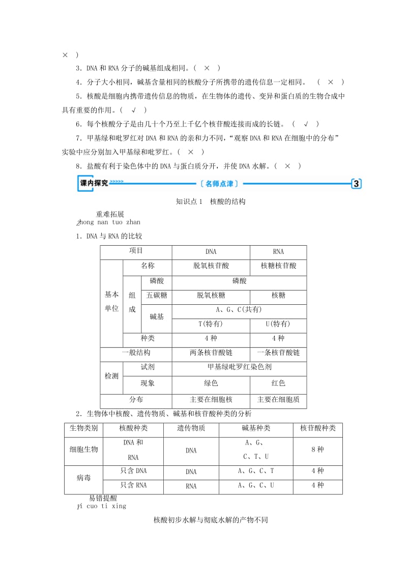 2018年秋高中生物 第二章 组成细胞的分子 第3节 遗传信息的携带者——核酸学案 新人教版必修1.doc_第3页