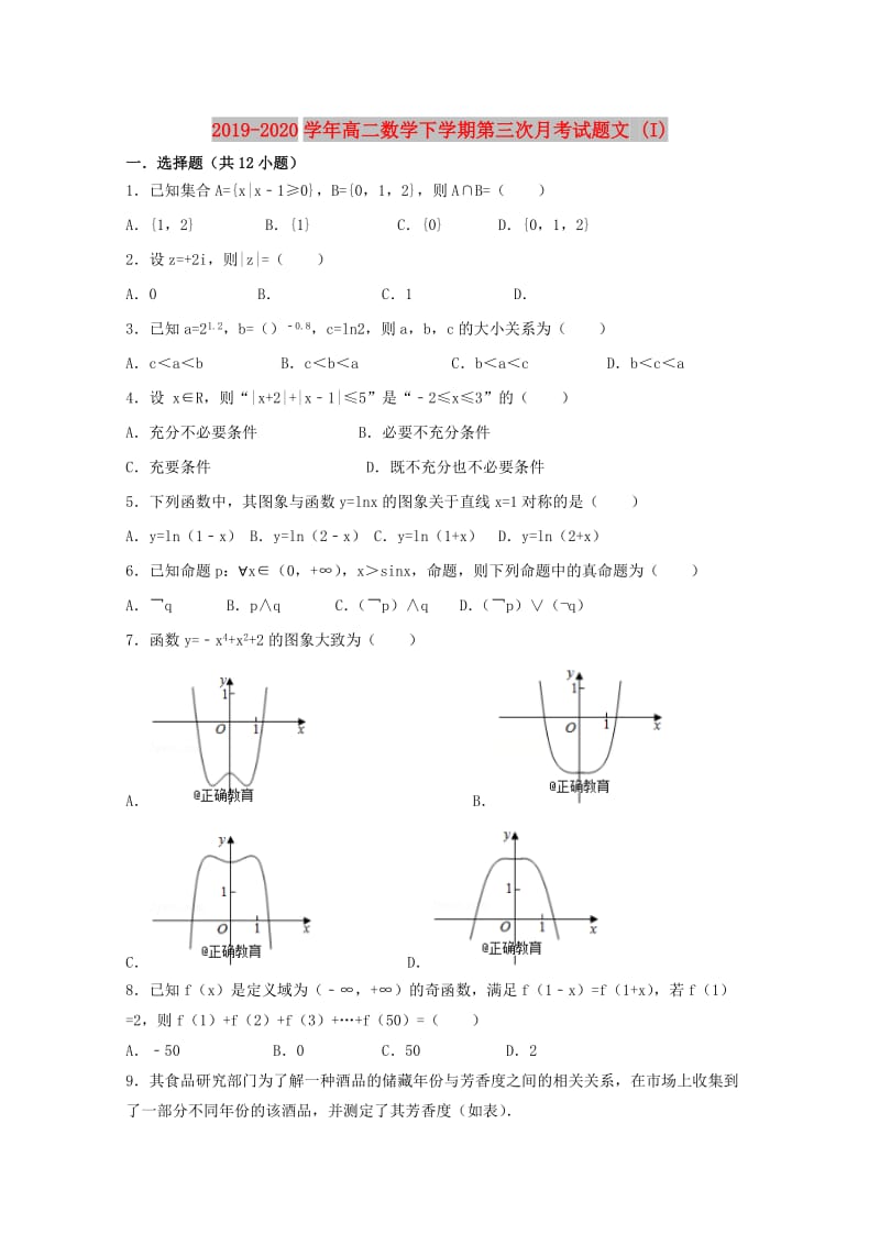 2019-2020学年高二数学下学期第三次月考试题文 (I).doc_第1页