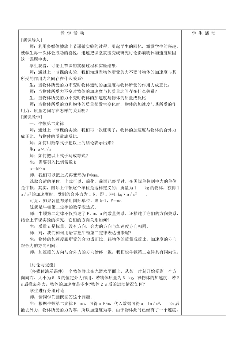 2018-2019学年高中物理 第4章 4.3 牛顿第二定律教案 新人教版必修1.doc_第2页