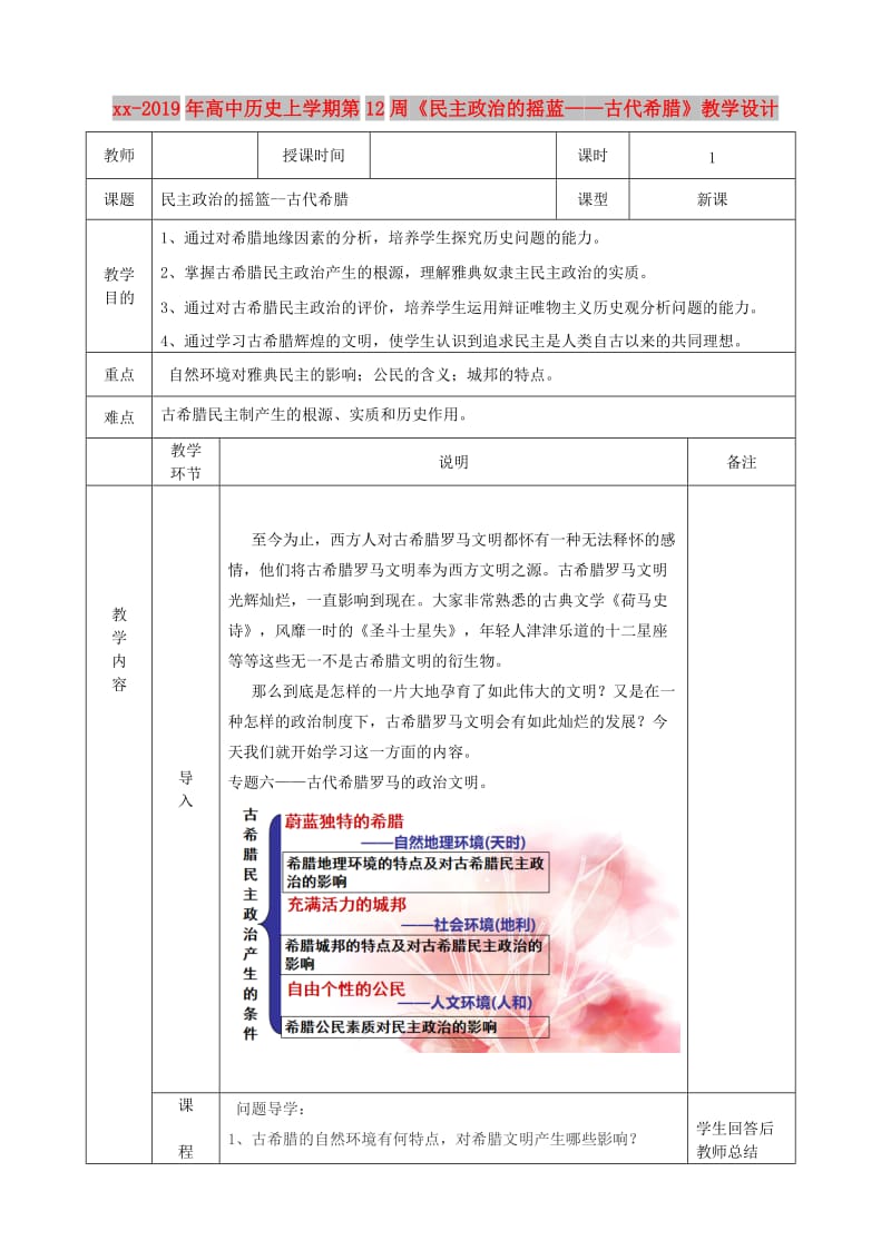 2018-2019年高中历史上学期第12周《民主政治的摇蓝——古代希腊》教学设计.doc_第1页