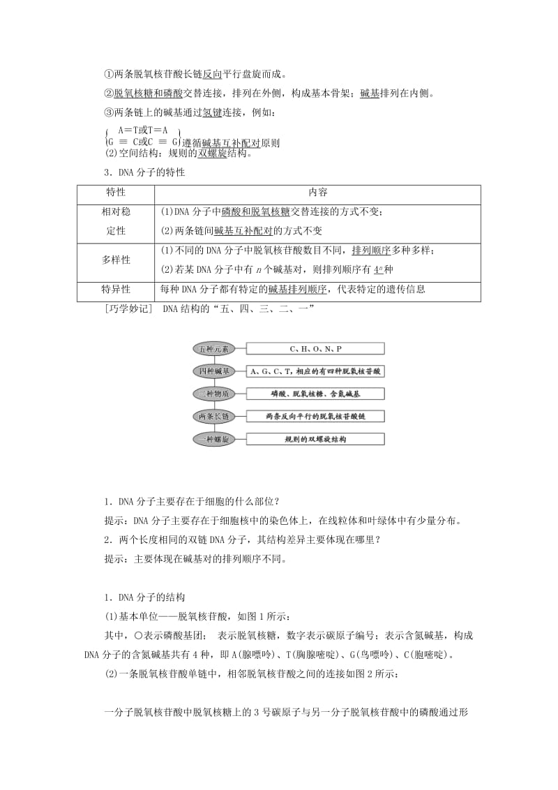 2018-2019年高中生物 第三章 遗传的分子基础 第二节 DNA的分子结构和特点教学案 浙科版必修2.doc_第2页