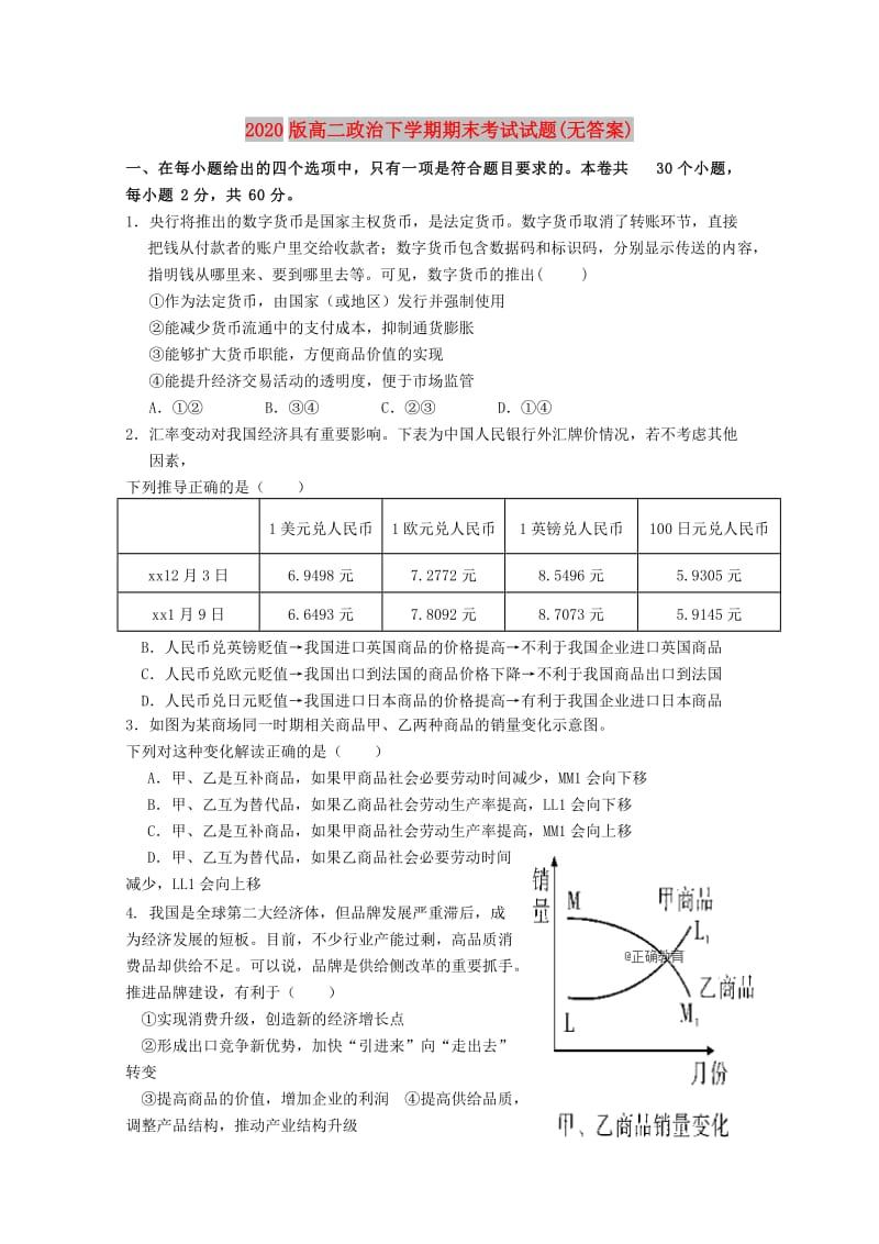 2020版高二政治下学期期末考试试题(无答案).doc_第1页