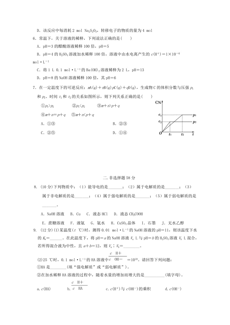 2019-2020学年高二化学上学期第一次阶段测试试题.doc_第2页