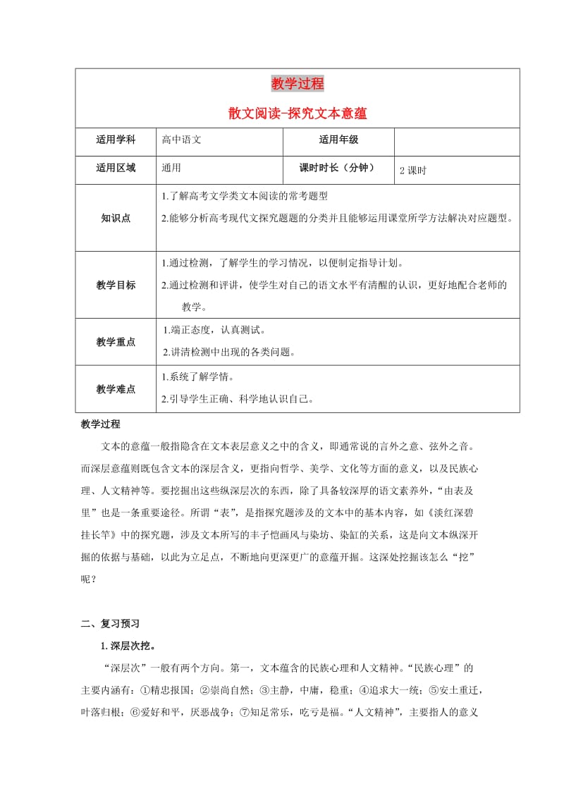 2019届高三语文二轮复习 专题 散文阅读-探究文本意蕴教案 新人教版.doc_第1页