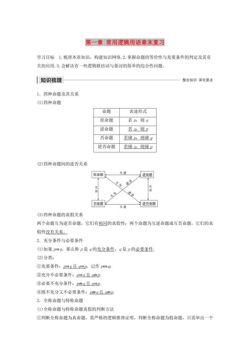 2020版高中数学 第一章 常用逻辑用语章末复习学案（含解析）北师大版选修1 -1.docx_第1页