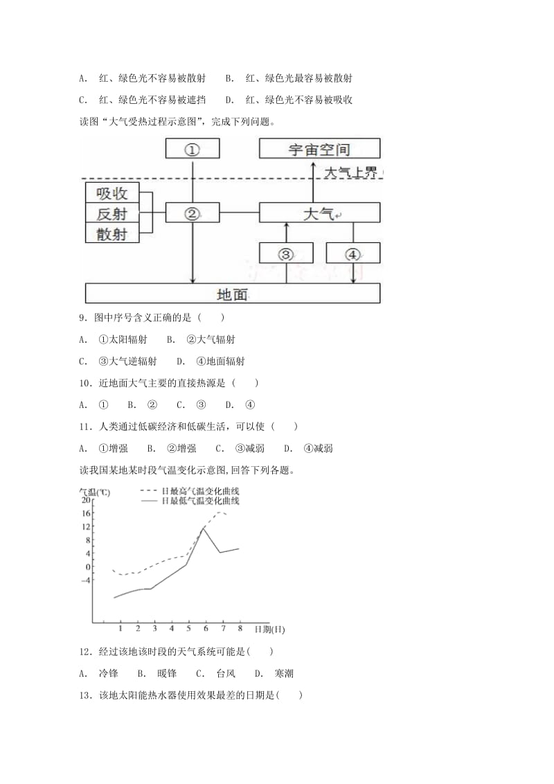 2019届高考地理二轮复习 第一篇 专项考点对应练 第6练 大气的受热过程与热力环流.doc_第3页