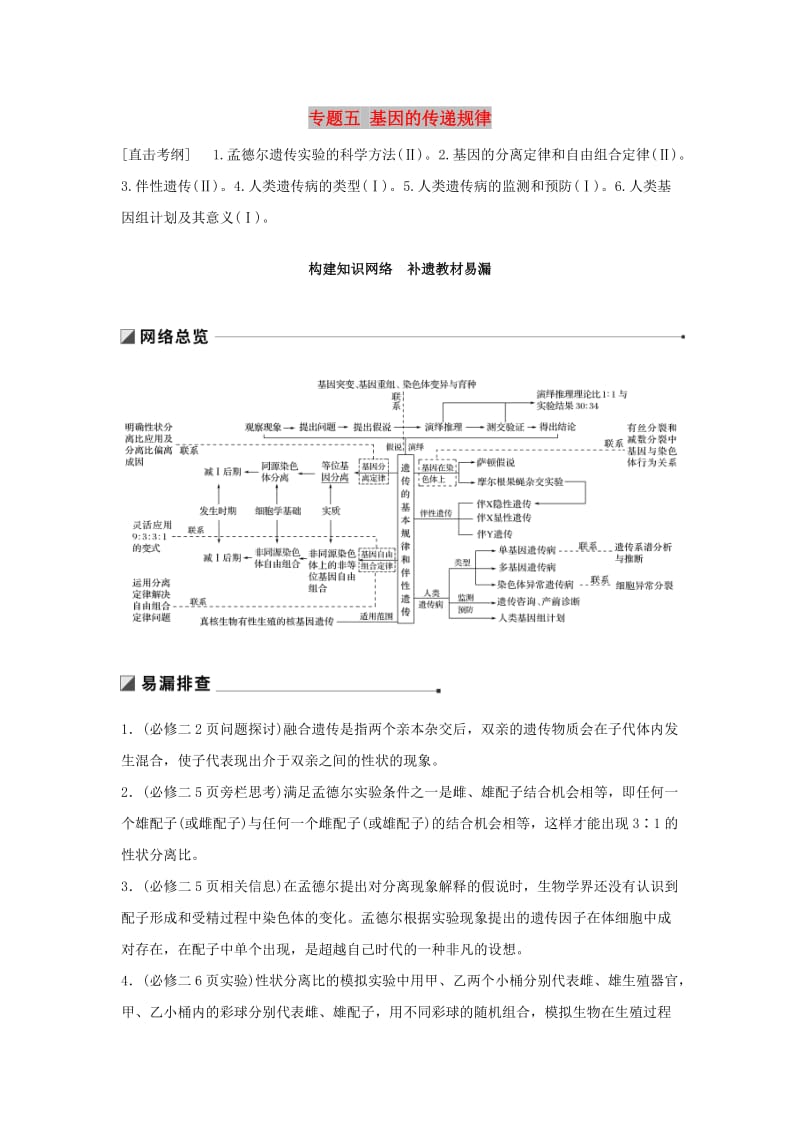 通用版2019版高考生物二轮复习专题五基因的传递规律构建知识网络补遗教材易漏学案.doc_第1页