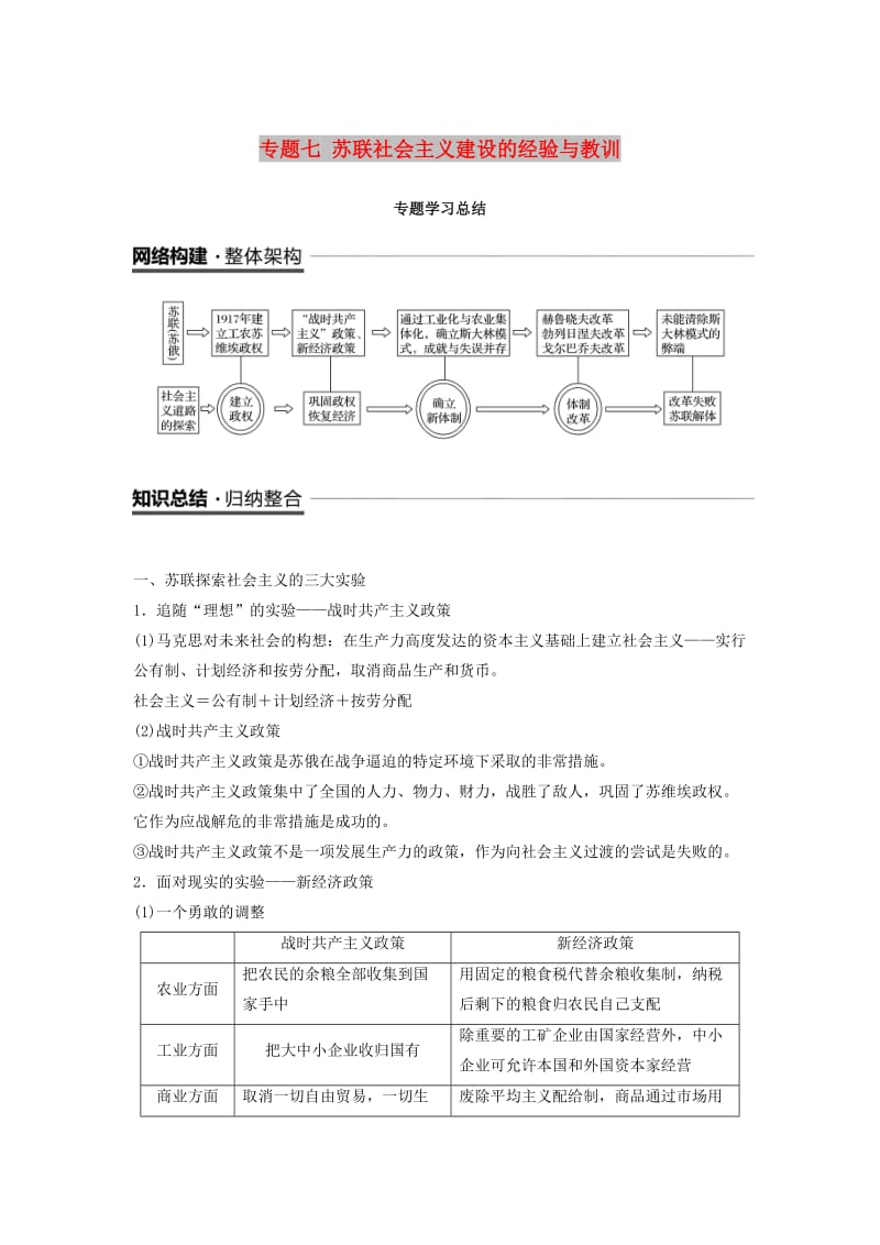 2018-2019学年高中历史 专题七 苏联社会主义建设的经验与教训专题学习总结学案 人民版必修2.doc_第1页