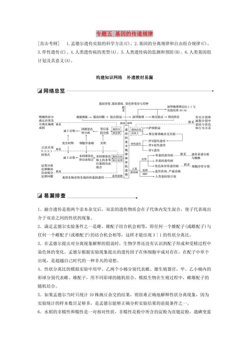 江苏专用2019高考生物二轮复习专题五基因的传递规律构建知识网络补遗教材易漏学案.doc_第1页