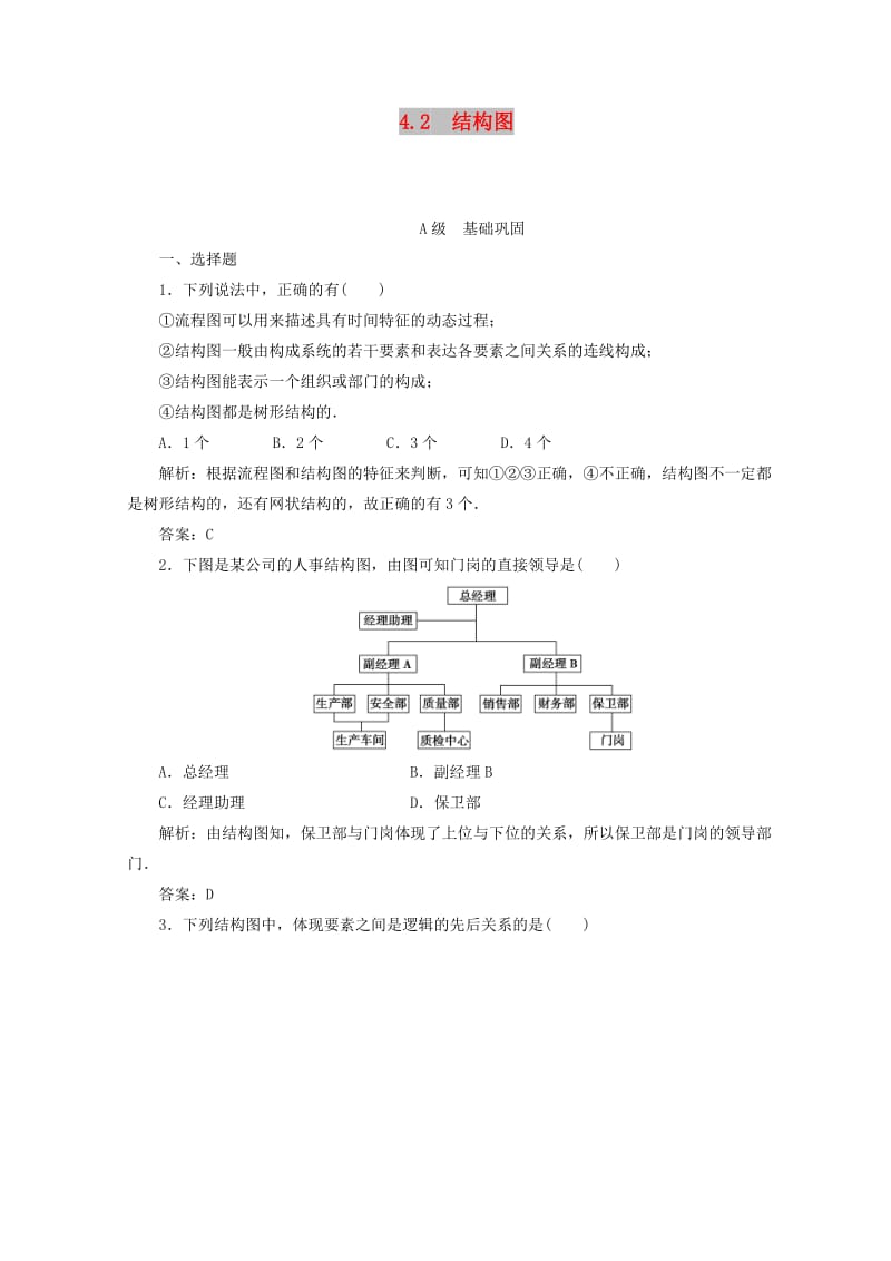 2018-2019学年高中数学 第四章 框图 4.2 结构图检测 新人教A版选修1 -2.doc_第1页