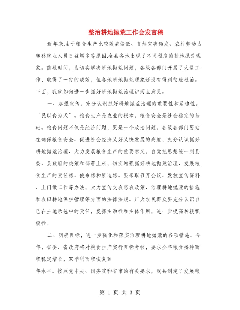 整治耕地抛荒工作会发言稿.doc_第1页