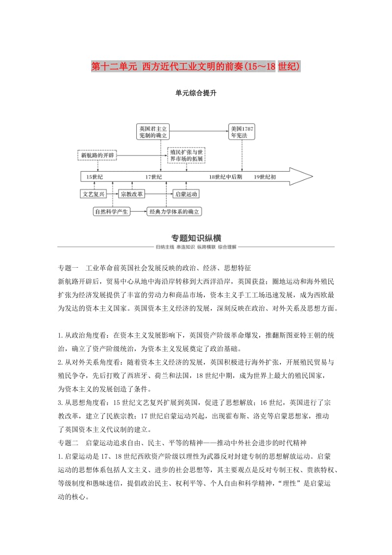 2019届高考历史一轮复习 第十二单元 西方近代工业文明的前奏(15～18世纪)单元综合提升学案 新人教版.doc_第1页