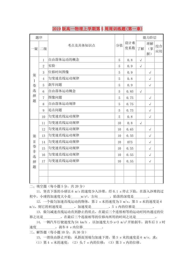 2019版高一物理上学期第5周周训练题(第一章).doc_第1页