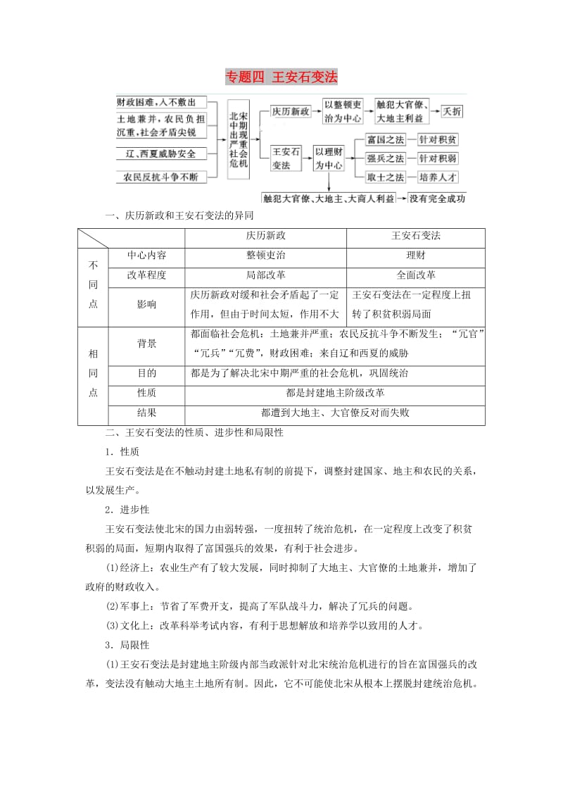 2018-2019学年高中历史 专题四 王安石变法专题小结学案（含解析）人民版选修1 .doc_第1页