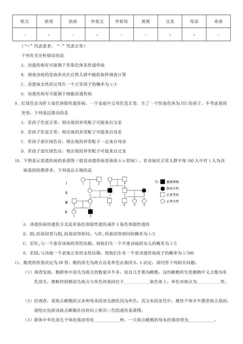 2018年高考生物三轮冲刺 拿分专题 最后一击 伴性遗传和人类遗传病（无答案).doc_第3页