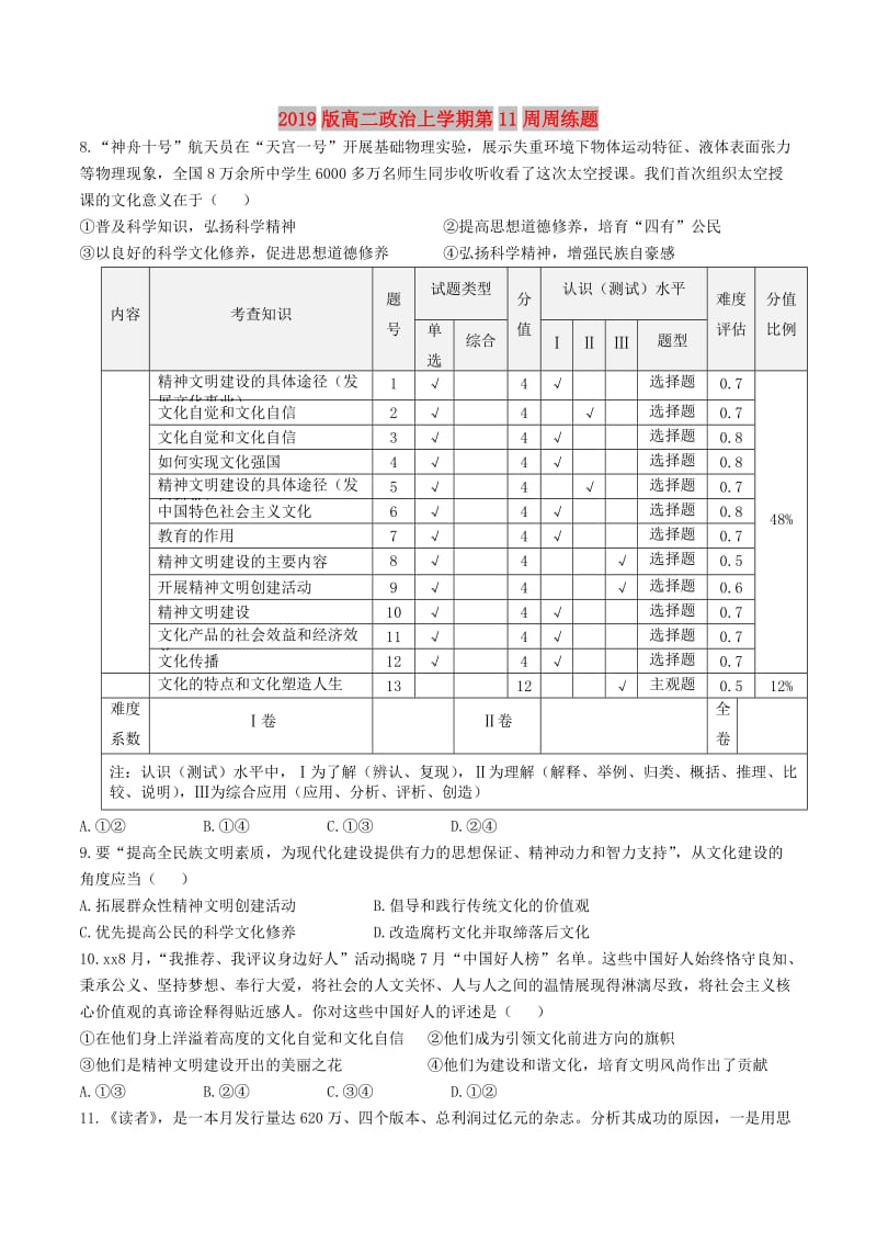 2019版高二政治上学期第11周周练题.doc_第1页