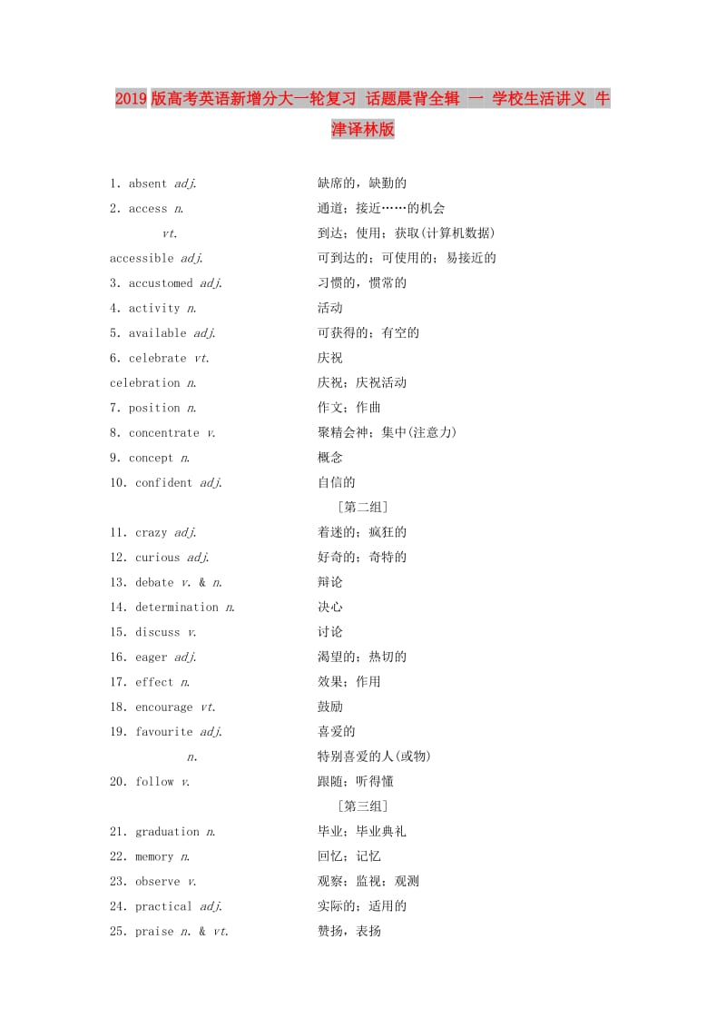 2019版高考英语新增分大一轮复习 话题晨背全辑 一 学校生活讲义 牛津译林版.doc_第1页