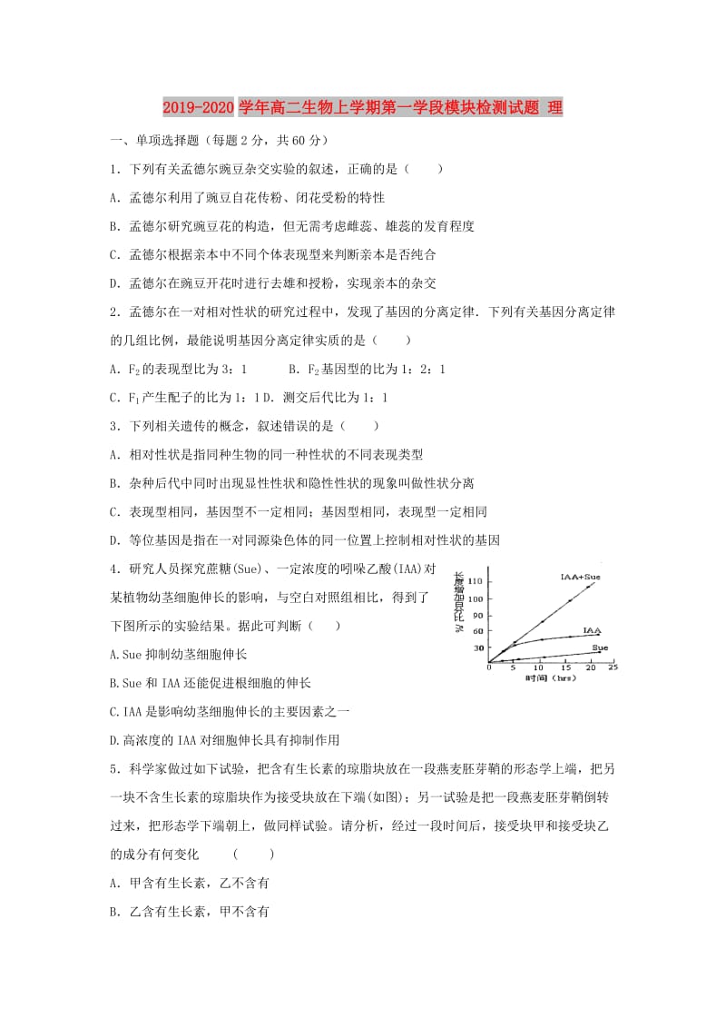 2019-2020学年高二生物上学期第一学段模块检测试题 理.doc_第1页