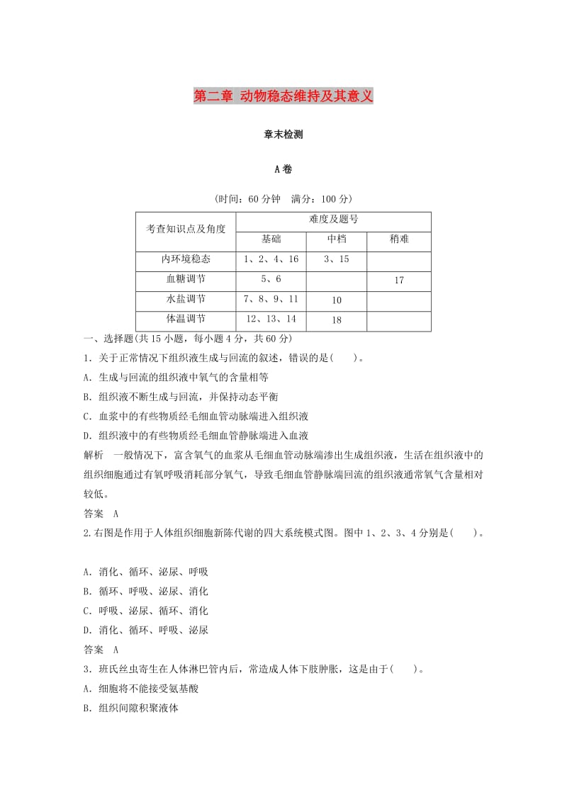 2018-2019版高中生物 第二章 动物稳态维持及其意义章末检测 中图版必修3.doc_第1页