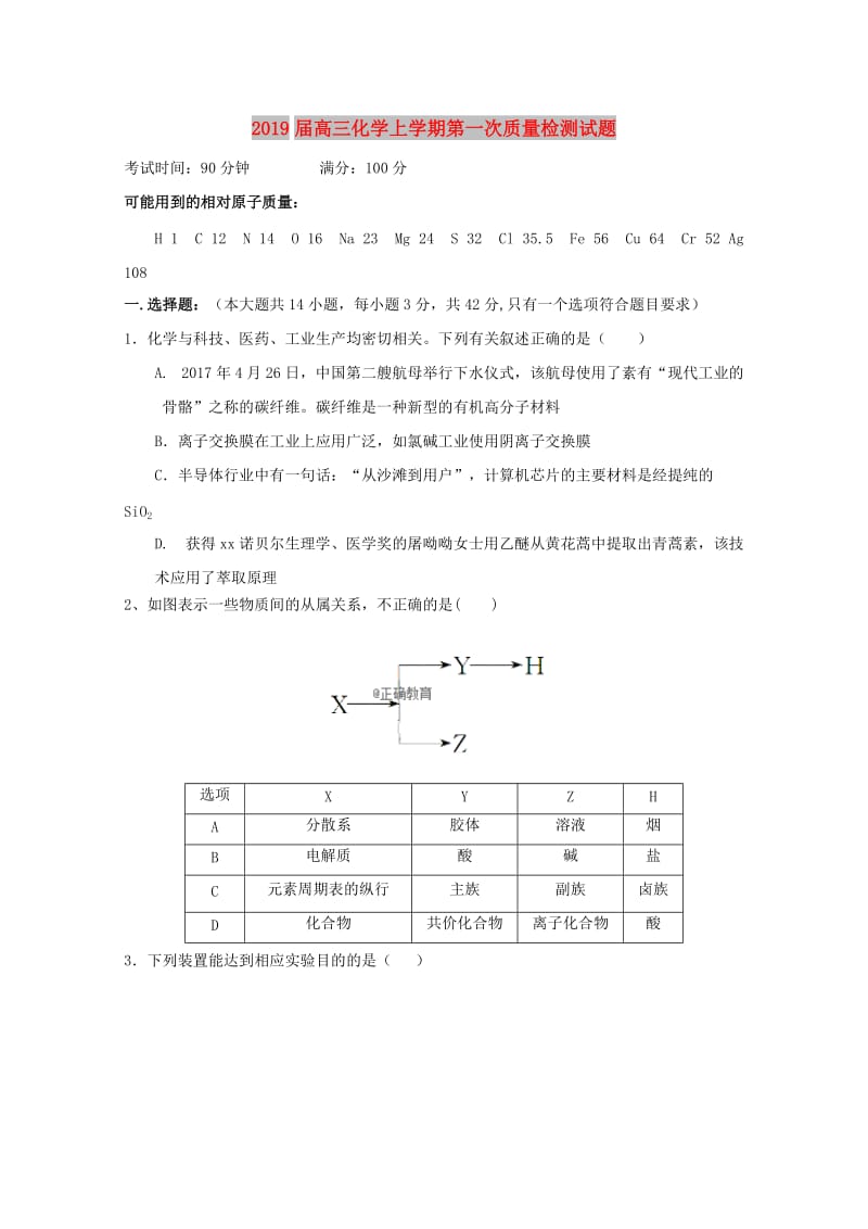 2019届高三化学上学期第一次质量检测试题.doc_第1页