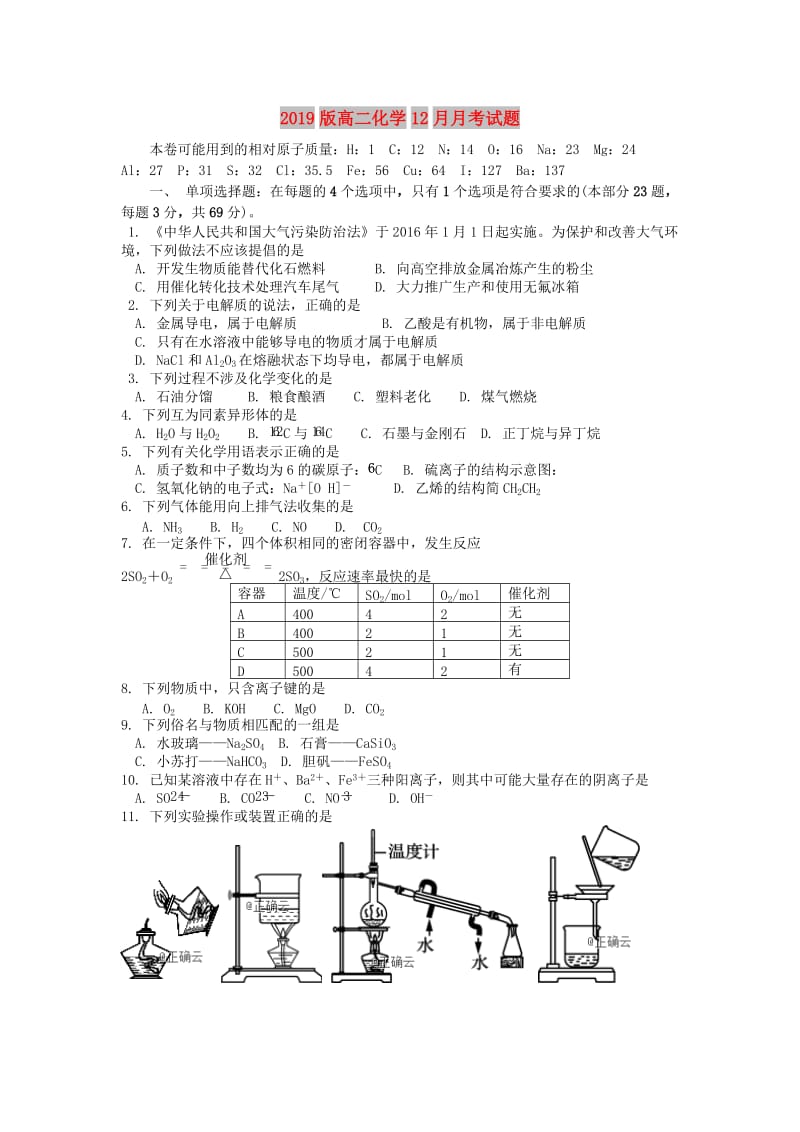 2019版高二化学12月月考试题.doc_第1页