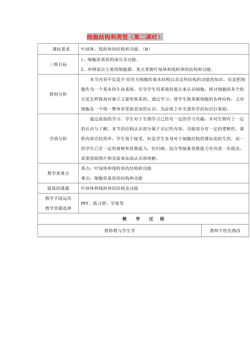 2018-2019学年高中生物 第三章 细胞的结构和功能 3.2 细胞结构和类型 第二课时教案 苏教版必修1.doc_第1页