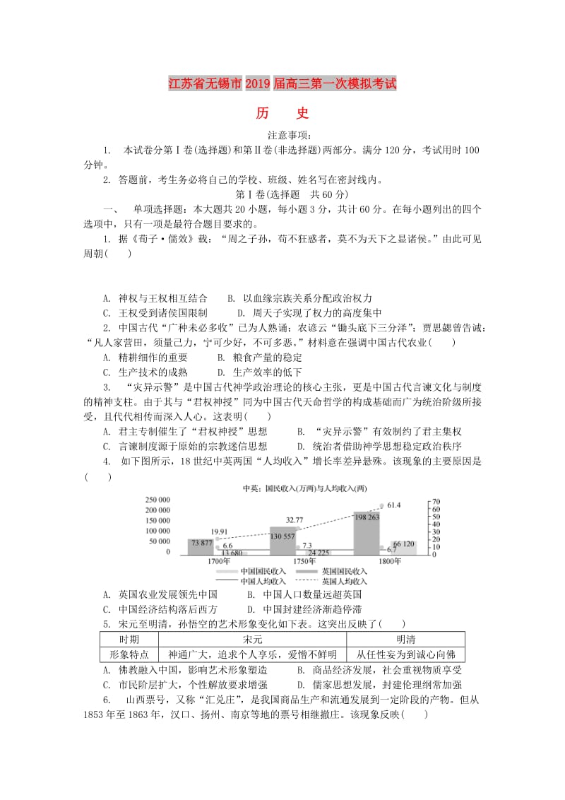 江苏省无锡市2019届高三历史第一次模拟考试试题.doc_第1页