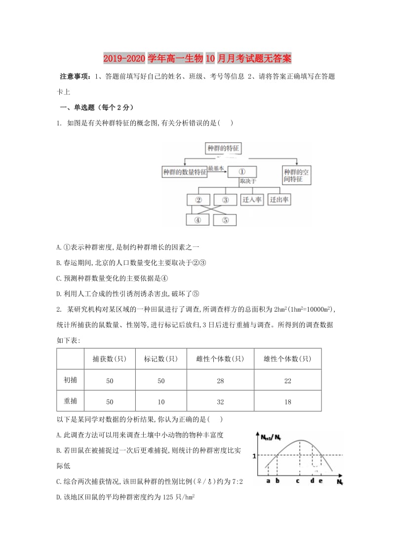 2019-2020学年高一生物10月月考试题无答案.doc_第1页