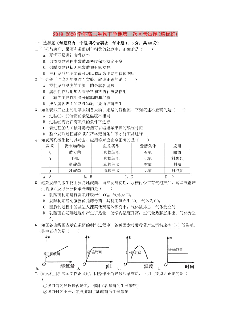 2019-2020学年高二生物下学期第一次月考试题(培优班).doc_第1页