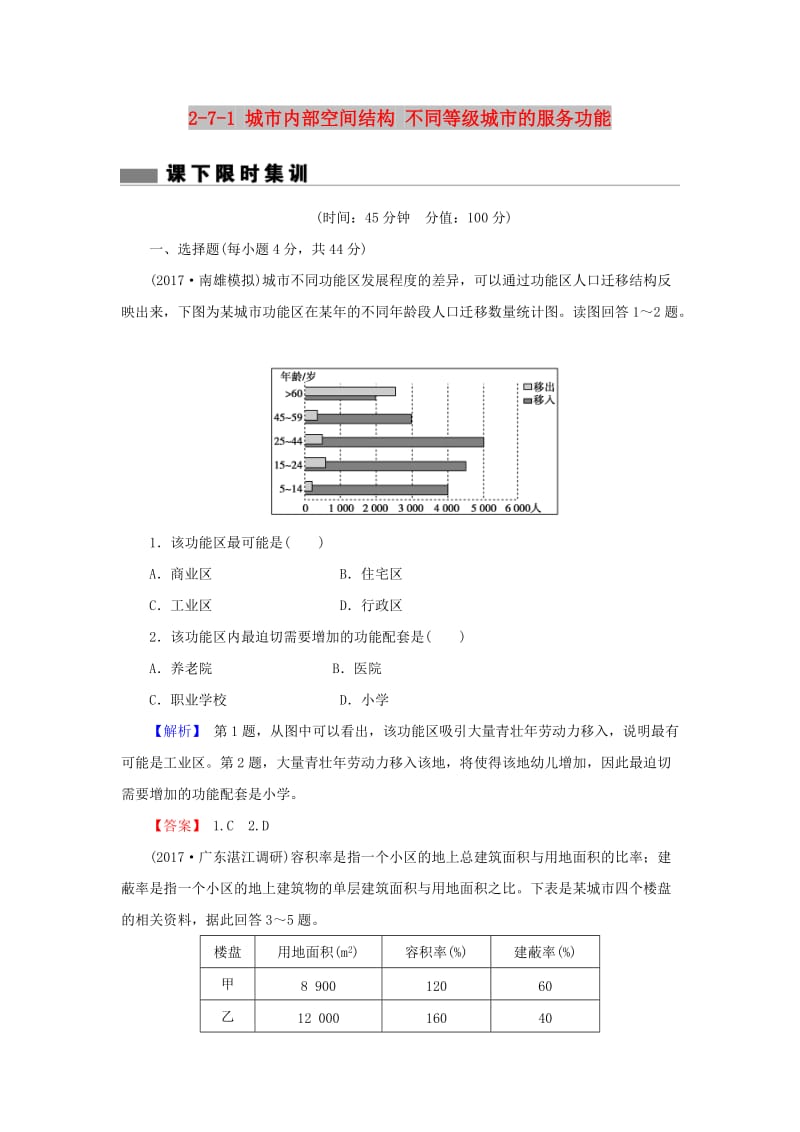 2018届高考地理总复习 第七章 城市与城市化 2-7-1 城市内部空间结构 不同等级城市的服务功能课下限时集训 新人教版.doc_第1页