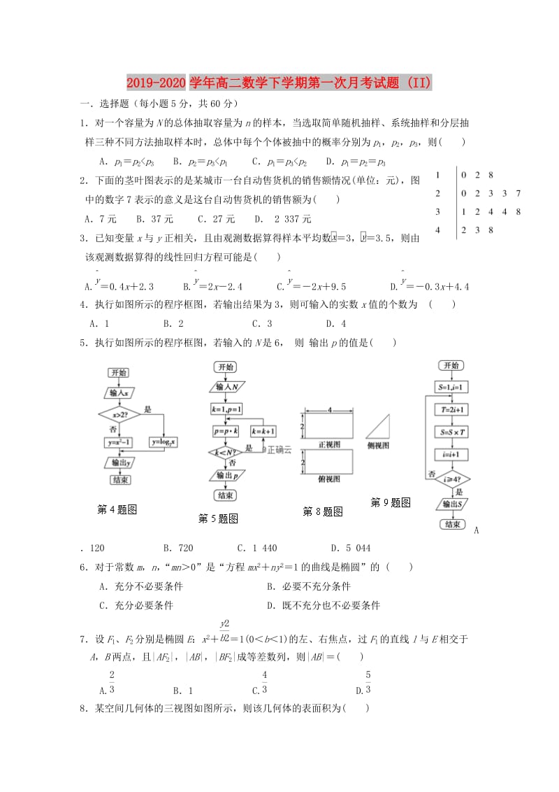 2019-2020学年高二数学下学期第一次月考试题 (II).doc_第1页