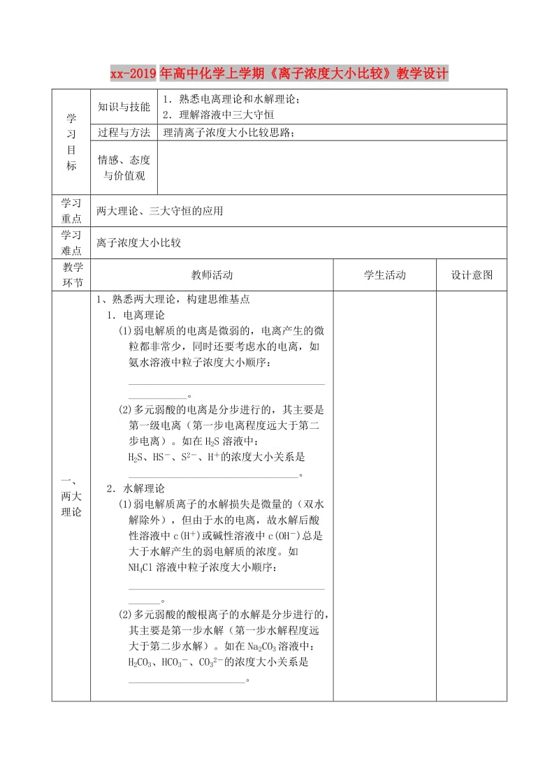 2018-2019年高中化学上学期《离子浓度大小比较》教学设计.doc_第1页