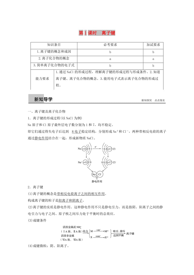 2018高中化学 专题1 微观结构与物质的多样 第二单元 微粒之间的相互作用力 第1课时 离子键导学案 苏教版必修2.doc_第1页