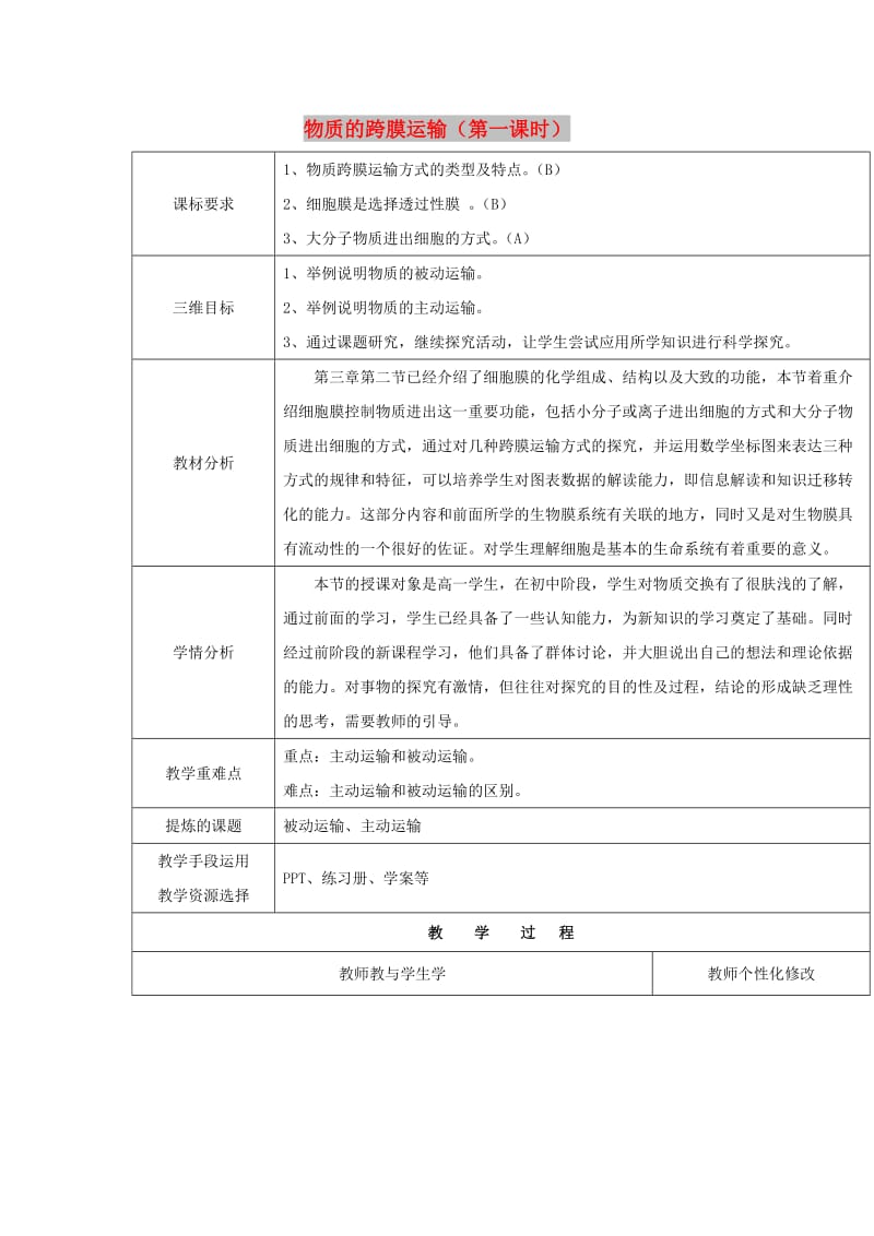 2018-2019学年高中生物 第三章 细胞的结构和功能 3.3 物质的跨膜运输 第一课时教案 苏教版必修1.doc_第1页