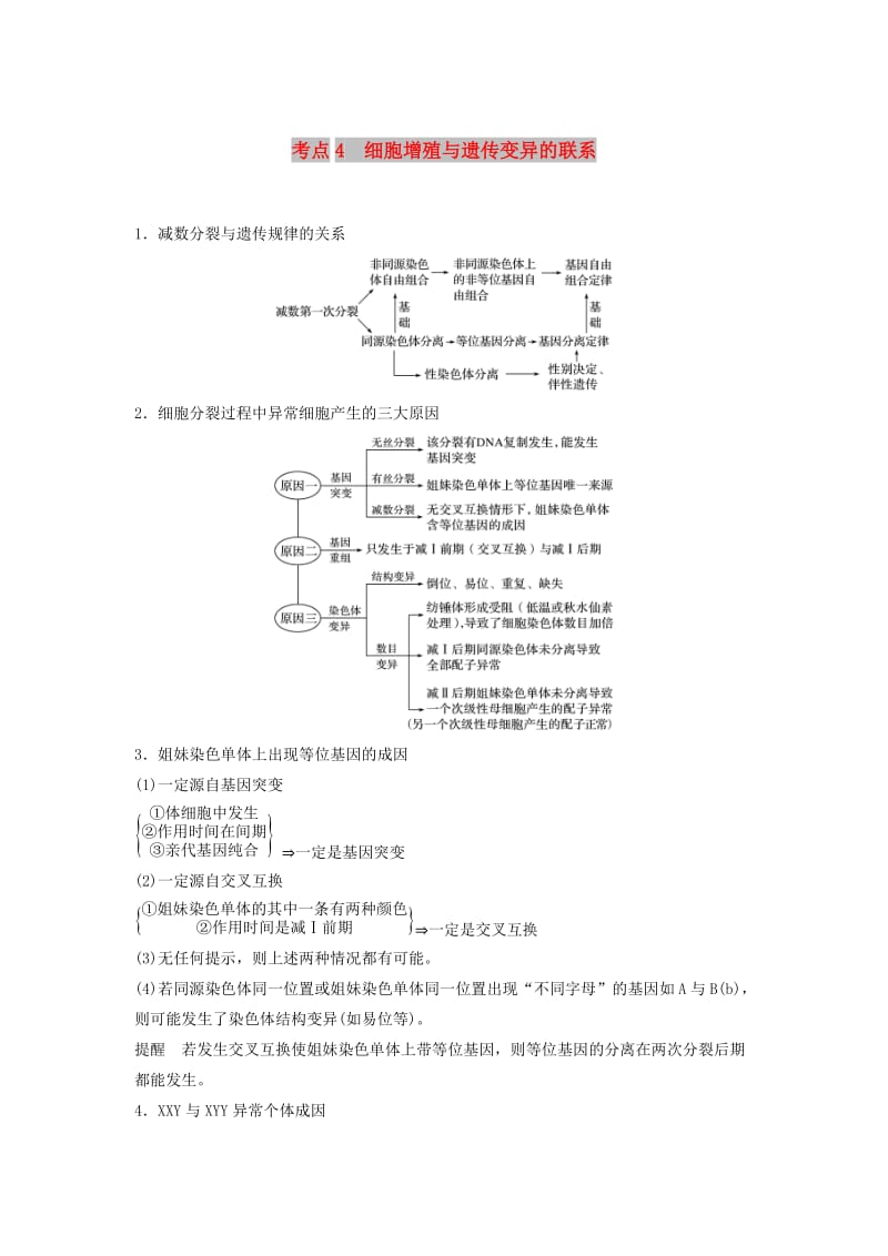 通用版2019版高考生物二轮复习专题一细胞的分子组成基本结构和生命历程考点4细胞增殖与遗传变异的联系学案.doc_第1页