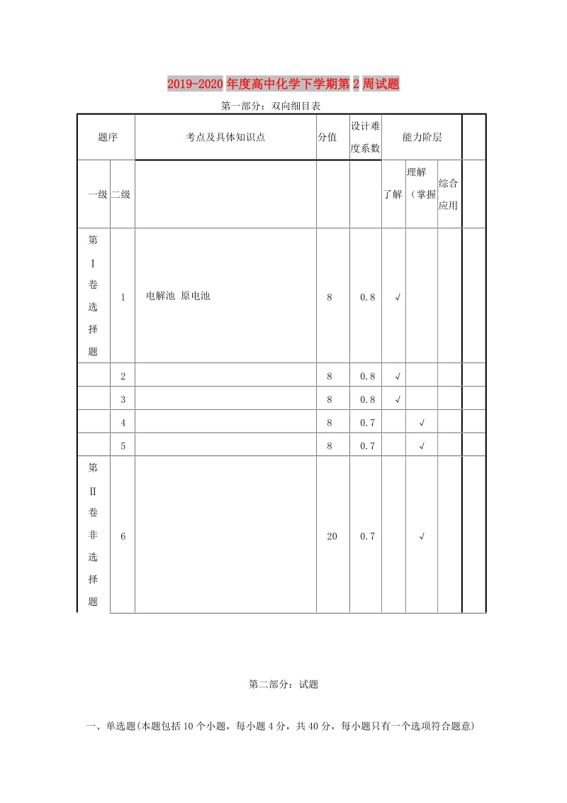 2019-2020年度高中化学下学期第2周试题.doc_第1页