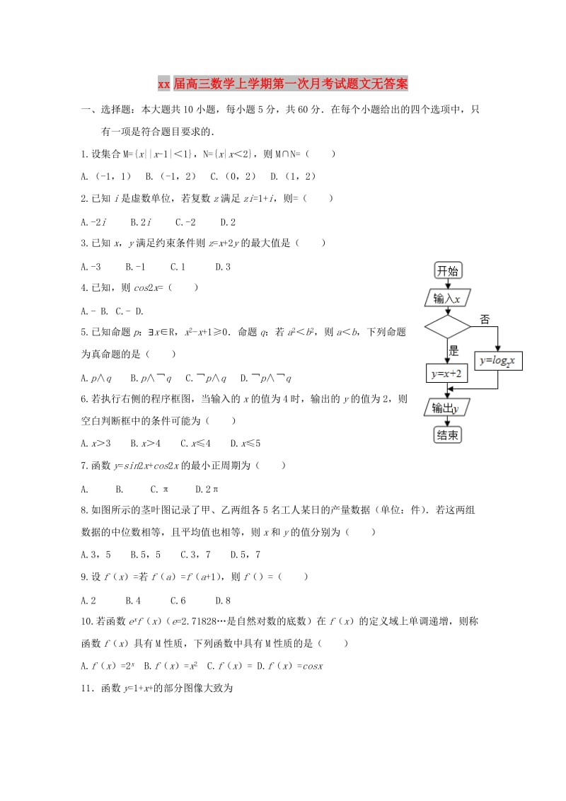 2018届高三数学上学期第一次月考试题文无答案.doc_第1页