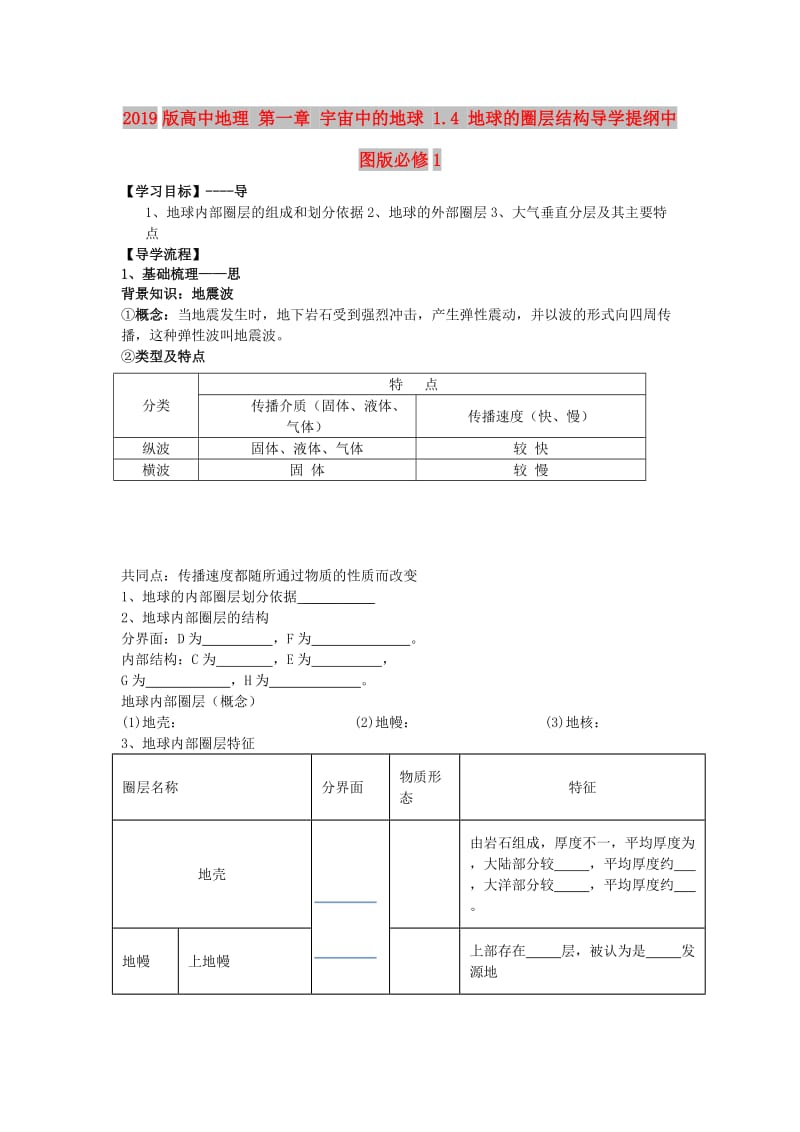 2019版高中地理 第一章 宇宙中的地球 1.4 地球的圈层结构导学提纲中图版必修1.doc_第1页