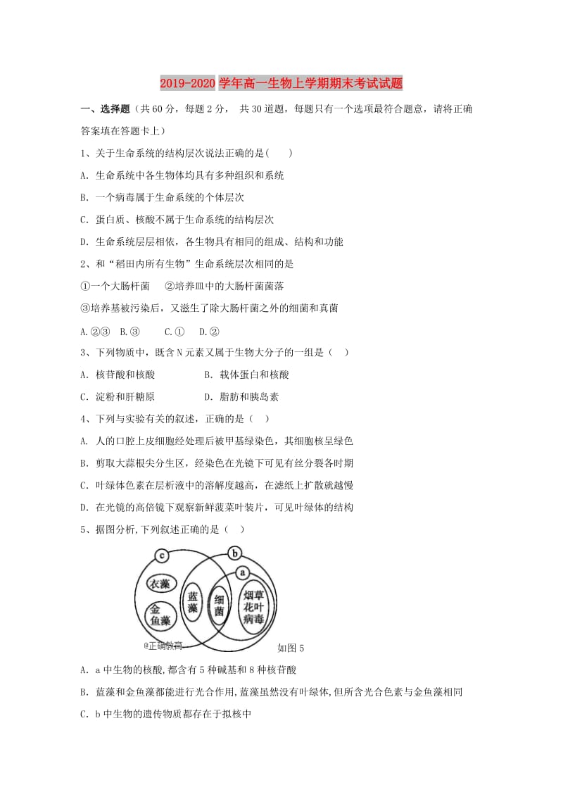 2019-2020学年高一生物上学期期末考试试题.doc_第1页