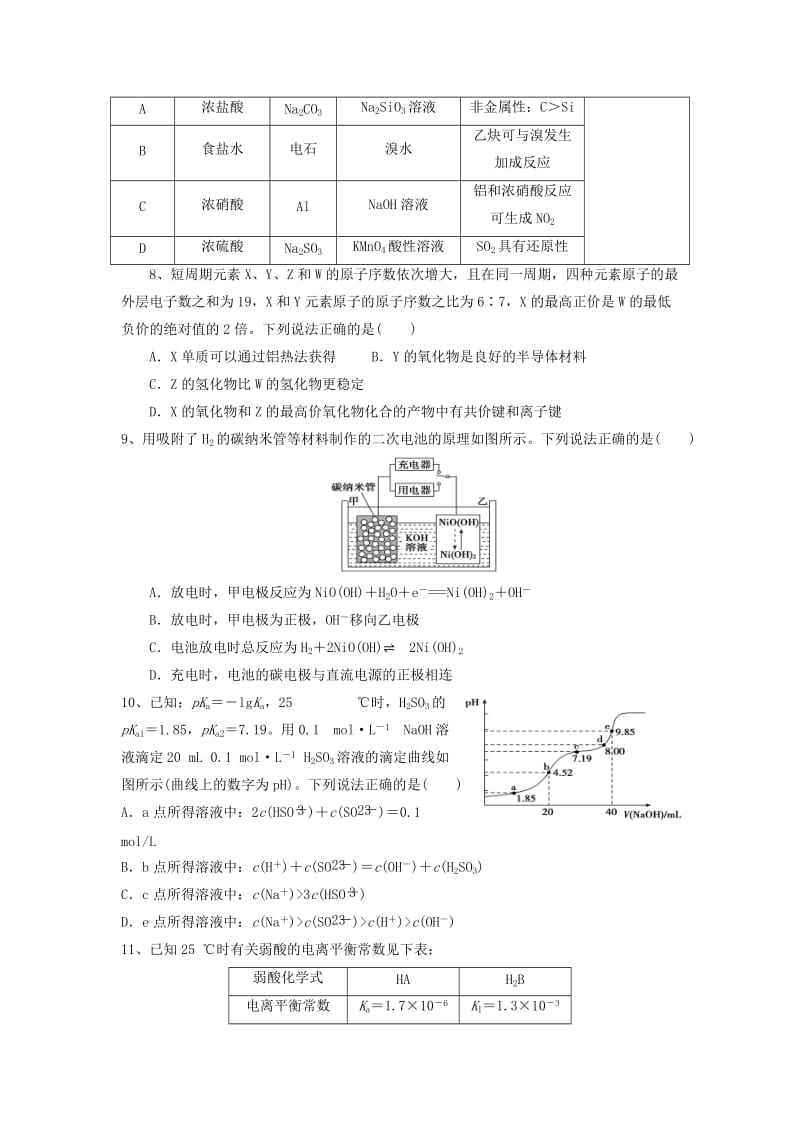 2019届高三化学上学期期末考试试题 (VI).doc_第2页