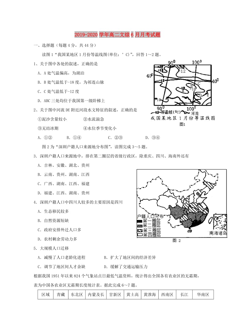 2019-2020学年高二文综6月月考试题.doc_第1页